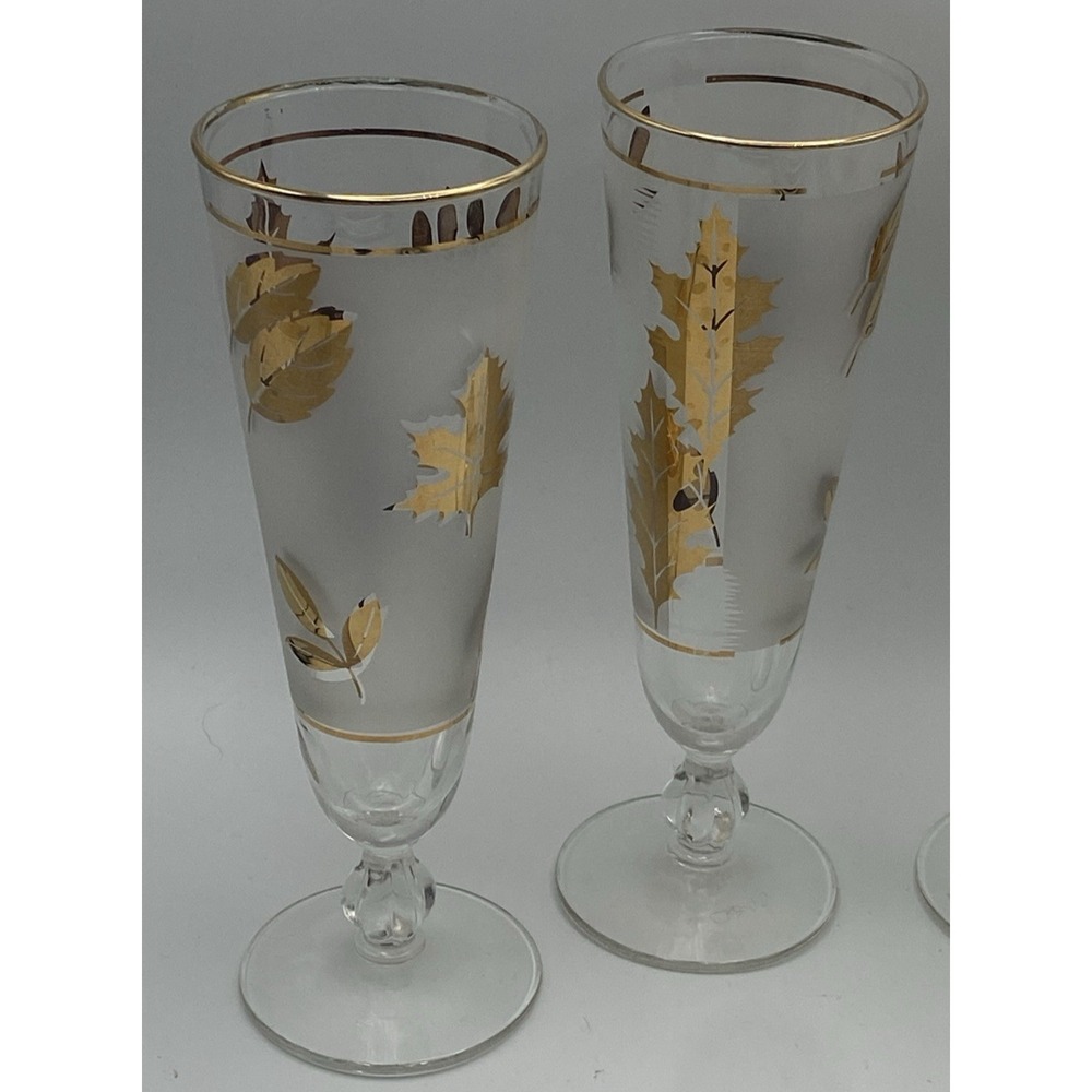 Vtg Libbey Gold Leaf Pilsner Glasses Leaves Frosted Set of 4 MCM Barware - Picture 2 of 3
